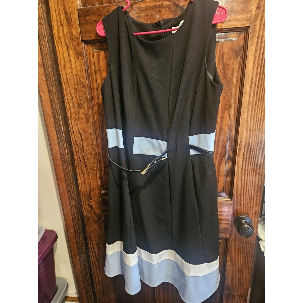 Calvin Klein Womens 14W Fit And Flare Dress Colorblock Black Blue Belted